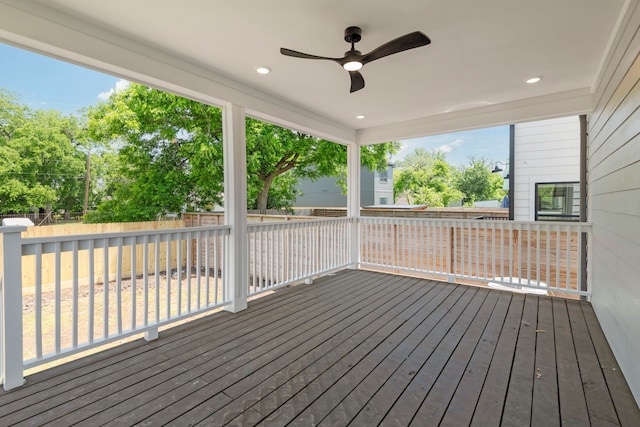 3224 Omega St, Houston, TX 77022 - wooden deck featuring ceiling fan and a fenced backyard