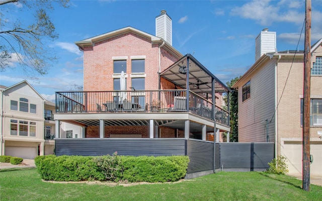 6205 Dell St, Houston, TX 77007 - rear view of house featuring brick siding, a balcony, and a chimney