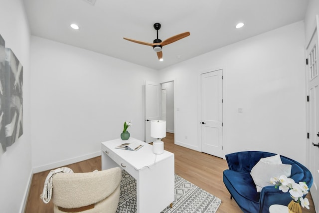5520 Chapman St, Houston, TX 77009 - office area with light wood-type flooring, ceiling fan, and recessed lighting
