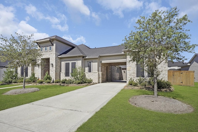 20210 Rolling Vista Dr, Cypress, TX 77433 - prairie-style home with concrete driveway, stucco siding, and stone siding