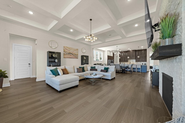 20210 Rolling Vista Dr, Cypress, TX 77433 - living room featuring a chandelier, coffered ceiling, dark wood-style floors, recessed lighting, and beam ceiling