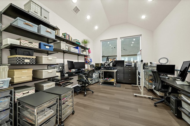 20210 Rolling Vista Dr, Cypress, TX 77433 - office featuring wood finished floors, lofted ceiling, and recessed lighting
