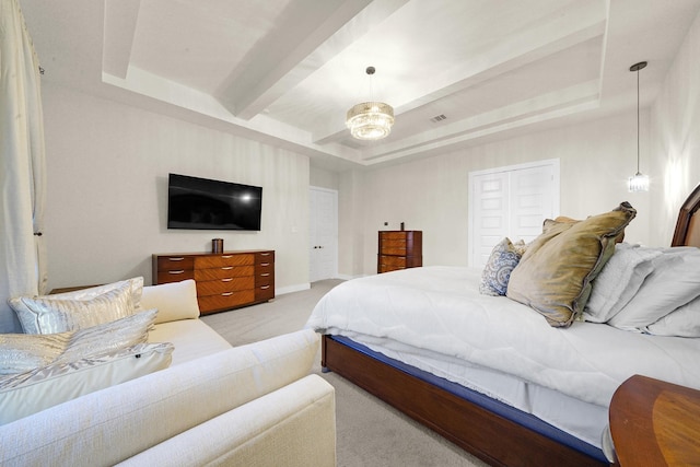 20210 Rolling Vista Dr, Cypress, TX 77433 - bedroom with carpet flooring, a chandelier, and beam ceiling