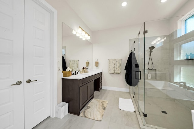 20210 Rolling Vista Dr, Cypress, TX 77433 - full bathroom featuring vanity, a stall shower, recessed lighting, and tile patterned floors