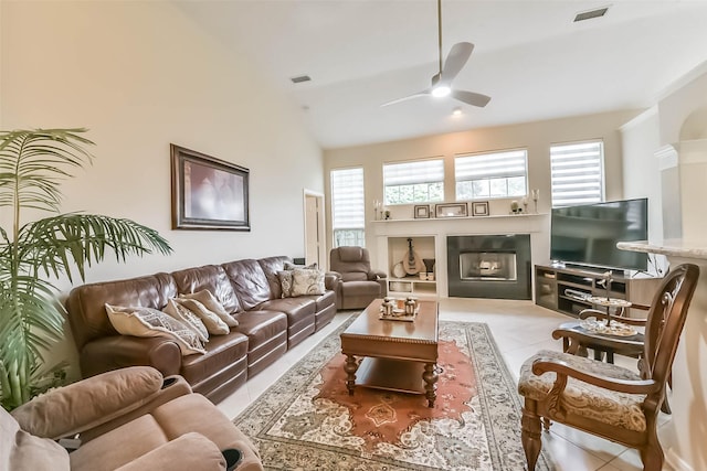 13719 Country Green Ct, Houston, TX 77059 - living area with a ceiling fan, a fireplace, tile patterned flooring, and lofted ceiling