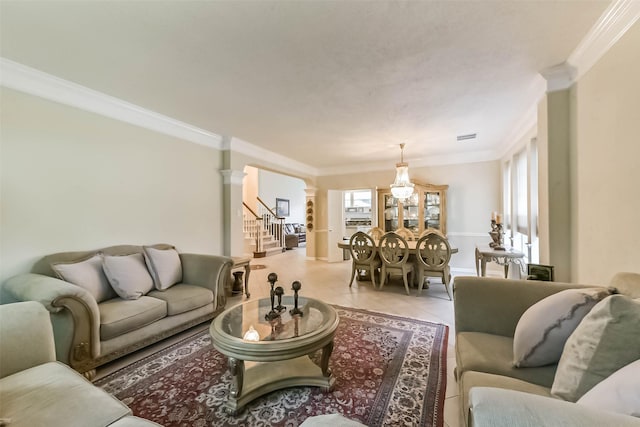 13719 Country Green Ct, Houston, TX 77059 - living room with crown molding, healthy amount of natural light, stairs, ornate columns, and light tile patterned floors