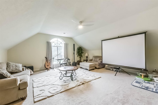 13719 Country Green Ct, Houston, TX 77059 - carpeted home theater with a ceiling fan and vaulted ceiling