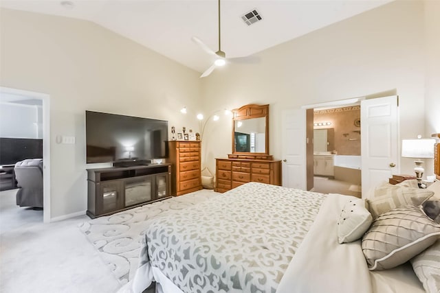 13719 Country Green Ct, Houston, TX 77059 - bedroom with carpet floors, high vaulted ceiling, ensuite bath, and ceiling fan