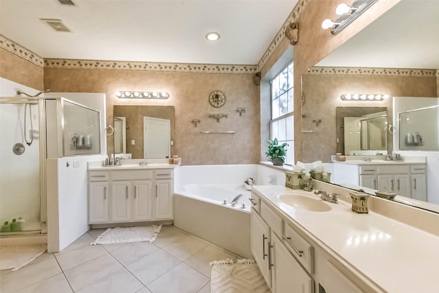 13719 Country Green Ct, Houston, TX 77059 - full bath with a shower stall, a garden tub, two vanities, and tile patterned floors