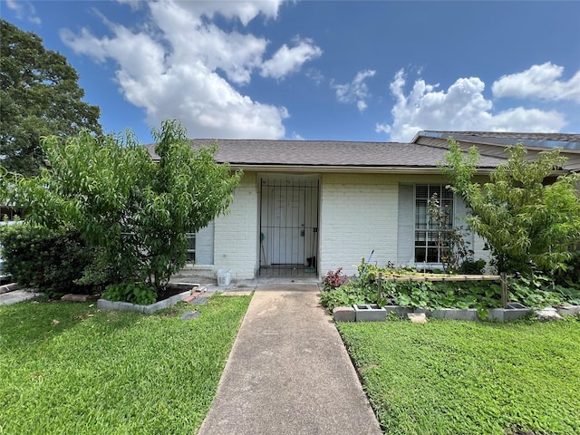8330 Leamont Dr, Houston, TX 77072 - view of exterior entry with brick siding, a yard, and roof with shingles