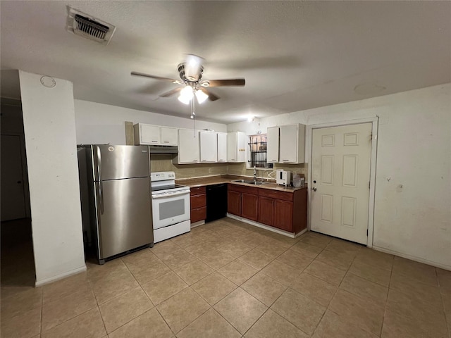 8330 Leamont Dr, Houston, TX 77072 - kitchen featuring white range with electric cooktop, freestanding refrigerator, black dishwasher, light tile patterned floors, and a ceiling fan