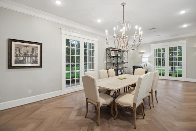 8703 Chelmsford Ln, Spring, TX 77379 - dining space featuring ornamental molding, a chandelier, and recessed lighting
