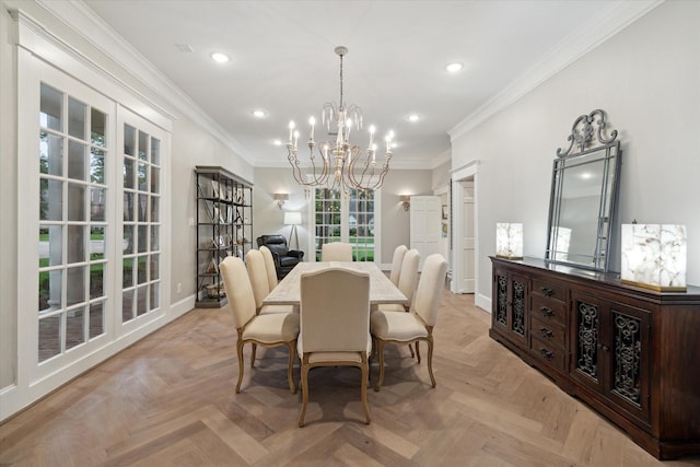 8703 Chelmsford Ln, Spring, TX 77379 - dining space featuring recessed lighting, a chandelier, and crown molding