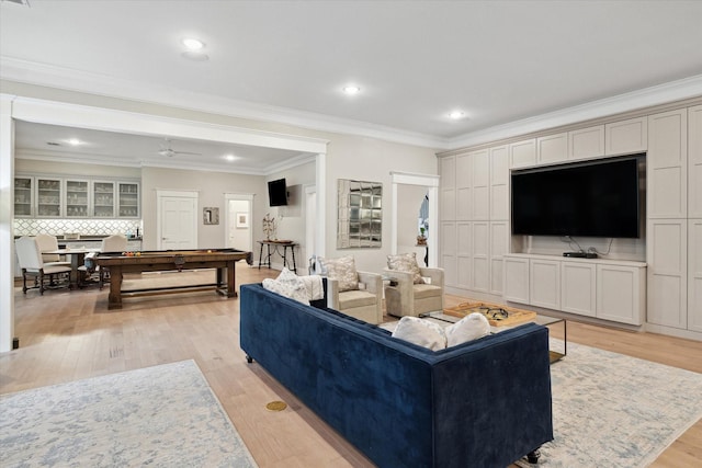 8703 Chelmsford Ln, Spring, TX 77379 - living room featuring light wood-type flooring, ornamental molding, recessed lighting, a ceiling fan, and pool table