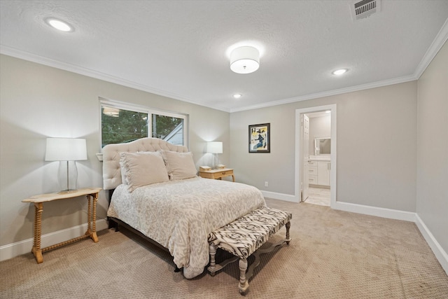 8703 Chelmsford Ln, Spring, TX 77379 - bedroom with light carpet, ornamental molding, recessed lighting, ensuite bathroom, and a textured ceiling