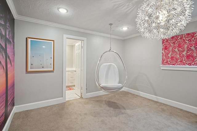 8703 Chelmsford Ln, Spring, TX 77379 - unfurnished room with carpet floors, crown molding, a chandelier, recessed lighting, and a textured ceiling