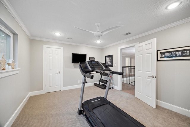8703 Chelmsford Ln, Spring, TX 77379 - exercise area featuring carpet flooring, crown molding, a ceiling fan, and recessed lighting