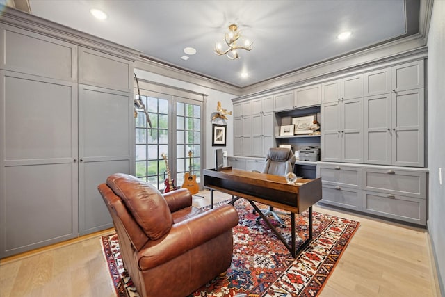 8703 Chelmsford Ln, Spring, TX 77379 - office area with crown molding, light wood-style floors, a chandelier, french doors, and recessed lighting