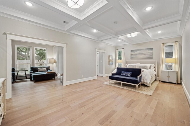 8703 Chelmsford Ln, Spring, TX 77379 - bedroom with light wood-style flooring, beam ceiling, coffered ceiling, recessed lighting, and ornamental molding
