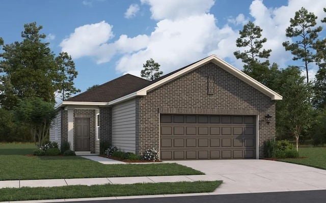 9309 Beryl Ln, Conroe, TX 77303 - ranch-style house with brick siding, driveway, a front yard, and a garage