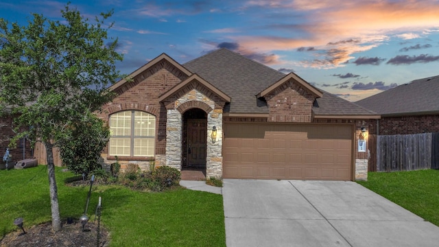 23714 Piedmont Forest Dr, Katy, TX 77493 - french country inspired facade featuring stone siding, a garage, concrete driveway, and roof with shingles