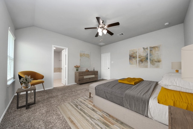 23714 Piedmont Forest Dr, Katy, TX 77493 - bedroom featuring carpet flooring, ensuite bathroom, vaulted ceiling, and a ceiling fan