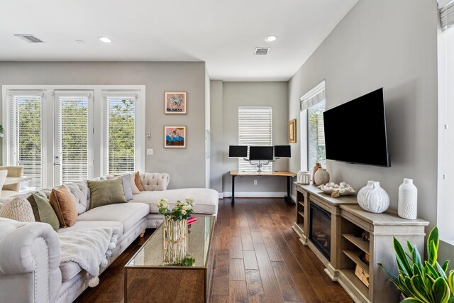 703 Bayou St, Houston, TX 77020 - living room featuring dark wood-style floors and recessed lighting