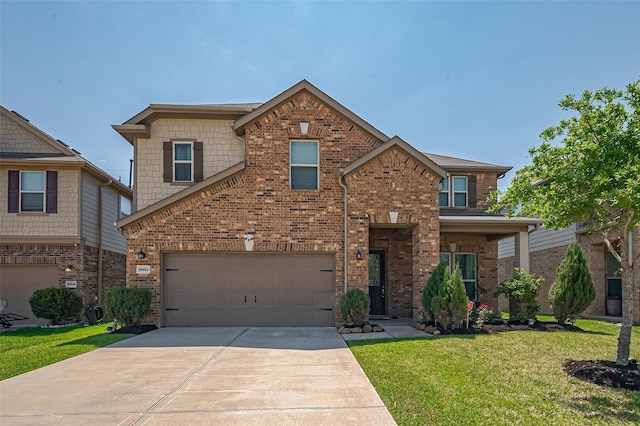 22403 Helen Springs Ln, Richmond, TX 77469 - view of front of property featuring brick siding, driveway, a front lawn, and a garage
