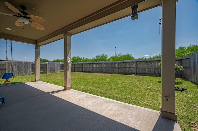 22403 Helen Springs Ln, Richmond, TX 77469 - fenced backyard with ceiling fan and a patio area