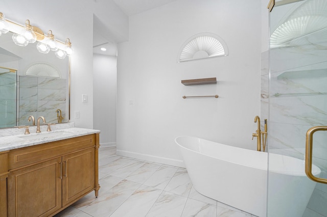 7921 Capri Cir, Houston, TX 77095 - bathroom featuring marble finish flooring, vanity, a freestanding bath, and a stall shower