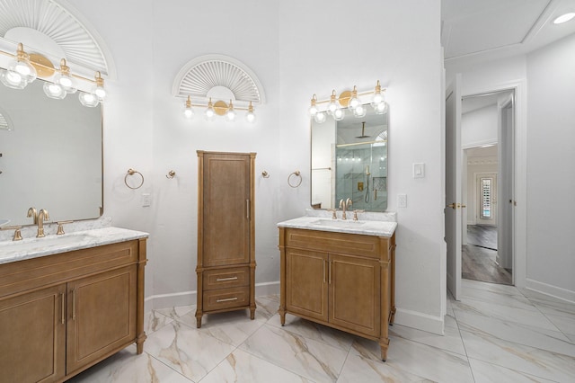 7921 Capri Cir, Houston, TX 77095 - bathroom featuring marble look tile flooring, two vanities, and a shower stall