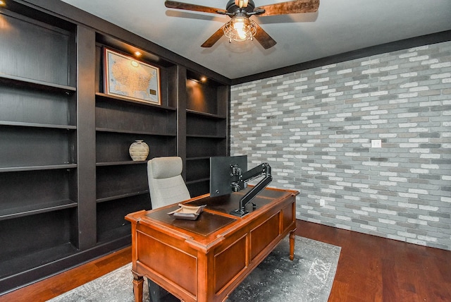 14023 Armant Place Dr, Cypress, TX 77429 - home office featuring ceiling fan, dark wood-style flooring, and built in features
