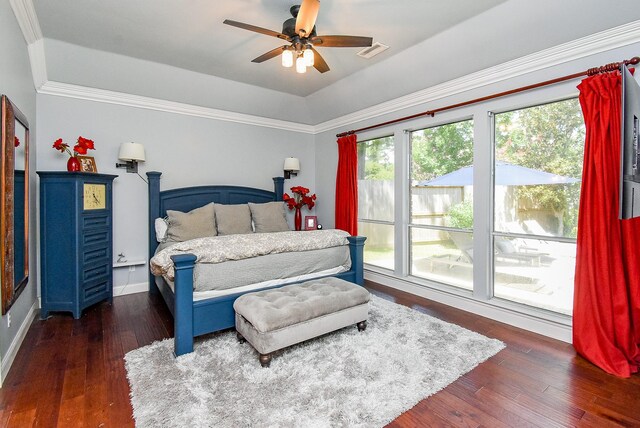 14023 Armant Place Dr, Cypress, TX 77429 - bedroom with wood-type flooring, a tray ceiling, ornamental molding, and a ceiling fan