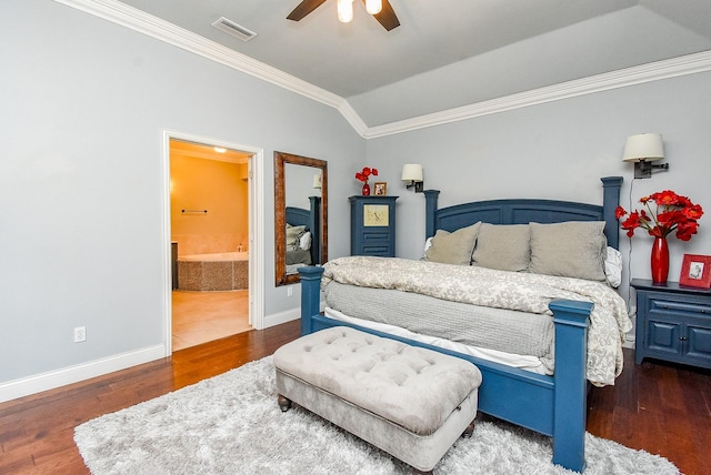 14023 Armant Place Dr, Cypress, TX 77429 - bedroom featuring ornamental molding, wood finished floors, lofted ceiling, ensuite bath, and a ceiling fan