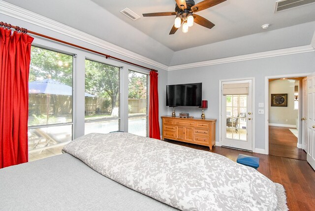 14023 Armant Place Dr, Cypress, TX 77429 - bedroom with multiple windows, dark wood-style flooring, ceiling fan, and ornamental molding