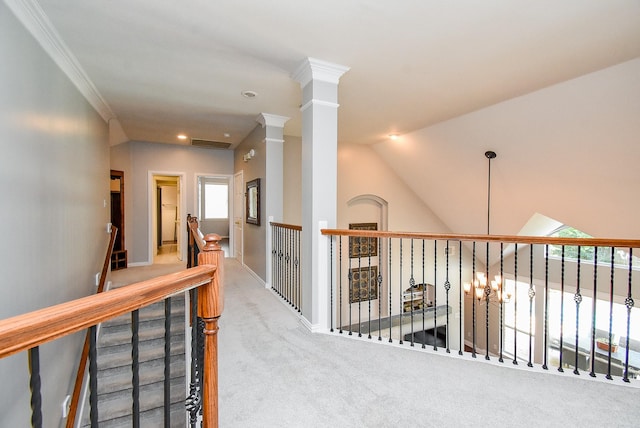14023 Armant Place Dr, Cypress, TX 77429 - corridor featuring carpet floors, recessed lighting, an upstairs landing, and crown molding