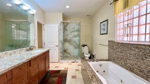 13518 Oak Bend Forest Dr, Houston, TX 77083 - full bath featuring a stall shower, a tub with jets, vanity, and recessed lighting