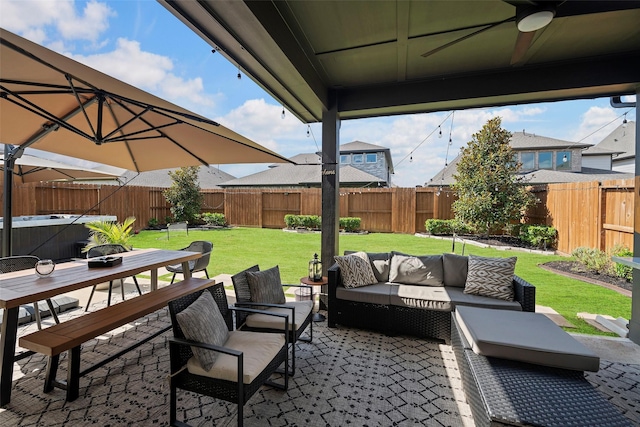 18427 Counce Meadow Ct, Cypress, TX 77433 - fenced backyard featuring outdoor dining space, an outdoor living space, a patio, and ceiling fan