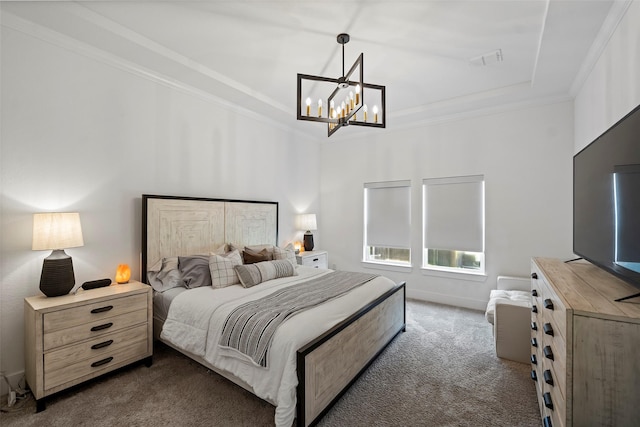 18427 Counce Meadow Ct, Cypress, TX 77433 - carpeted bedroom with a chandelier, a raised ceiling, and ornamental molding