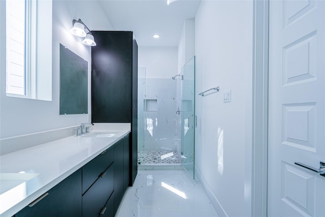 5402 Margarita St, Houston, TX 77020 - full bathroom featuring a marble finish shower, double vanity, and recessed lighting