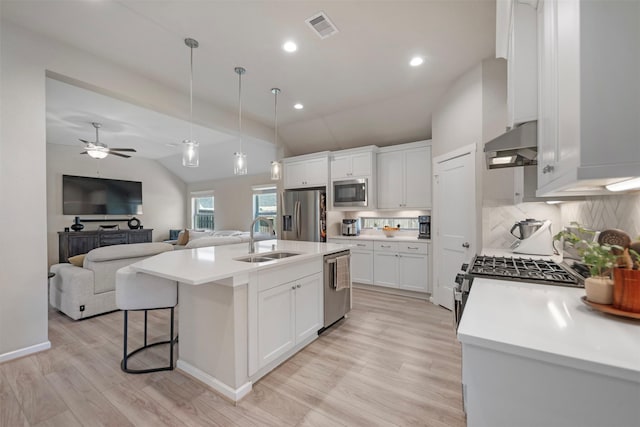 4607 Primrose Valley Ln, Fulshear, TX 77441 - kitchen with stainless steel appliances, under cabinet range hood, open floor plan, light wood finished floors, and tasteful backsplash