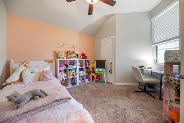 4607 Primrose Valley Ln, Fulshear, TX 77441 - carpeted bedroom featuring lofted ceiling and a ceiling fan