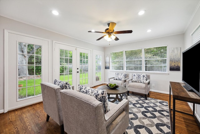 4614 Kinglet St, Houston, TX 77035 - living area with french doors, ornamental molding, recessed lighting, a ceiling fan, and wood finished floors