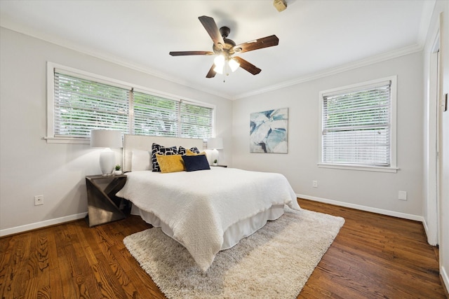 4614 Kinglet St, Houston, TX 77035 - bedroom featuring multiple windows, ornamental molding, dark wood-style floors, and ceiling fan