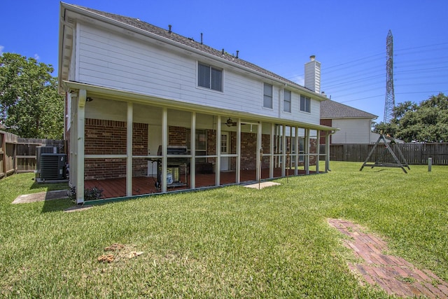 2521 Sea Horse Ct, Seabrook, TX 77586 - rear view of property featuring a fenced backyard, brick siding, a chimney, a patio area, and a ceiling fan