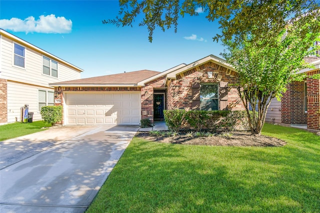 10515 Kentington Oak Dr, Humble, TX 77396 - view of front facade featuring an attached garage, driveway, brick siding, a front lawn, and a shingled roof