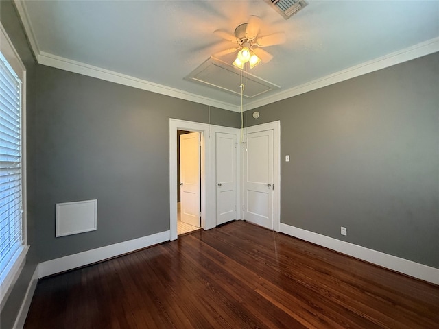110 E 24th St, Houston, TX 77008 - unfurnished bedroom with attic access, ornamental molding, dark wood-style floors, and ceiling fan