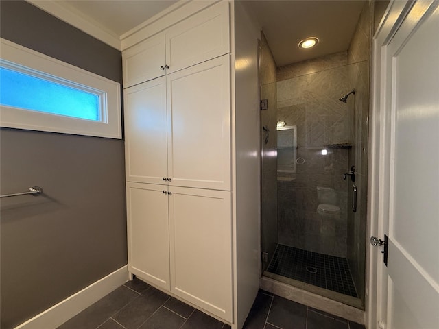 110 E 24th St, Houston, TX 77008 - bathroom featuring tile patterned flooring, a stall shower, recessed lighting, and ornamental molding