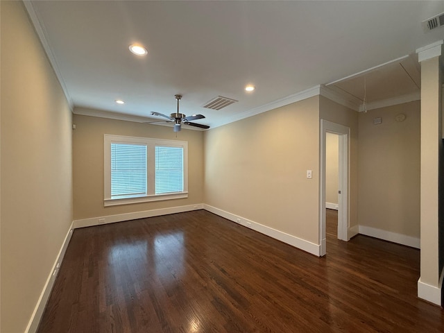 110 E 24th St, Houston, TX 77008 - spare room with attic access, ornamental molding, dark wood-style flooring, recessed lighting, and ceiling fan