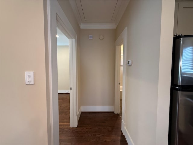 110 E 24th St, Houston, TX 77008 - hall featuring dark wood-style floors, attic access, and ornamental molding